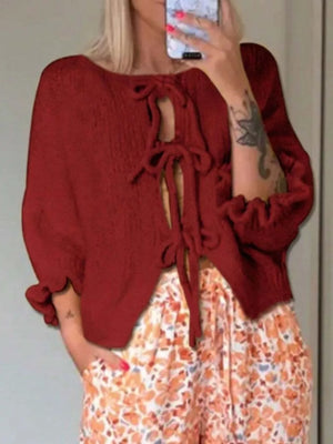 Wine Red Tie-front Cropped Cardigan