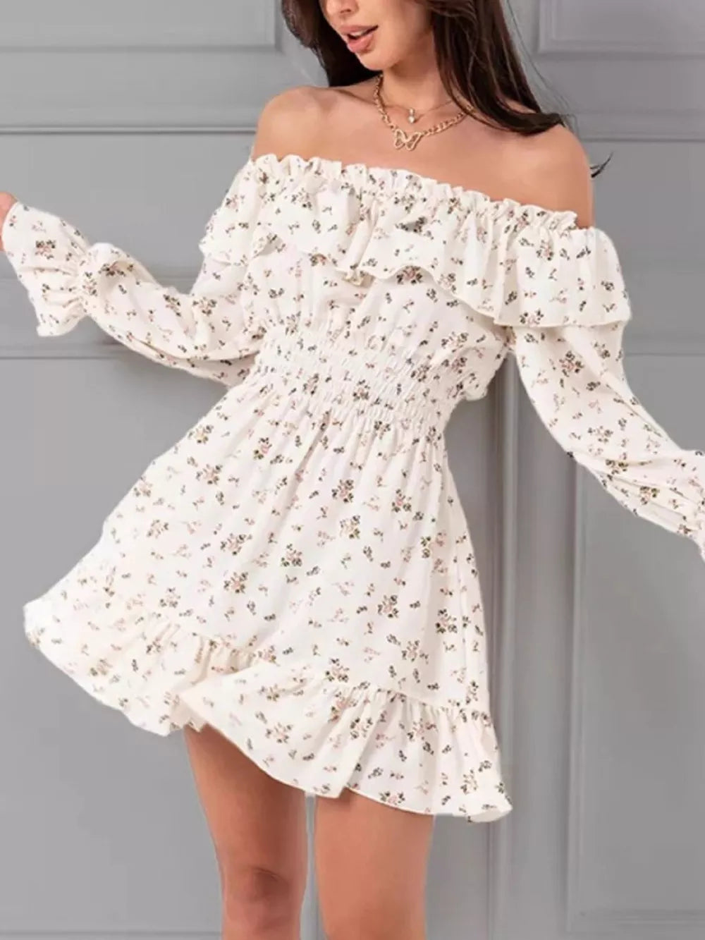 Blue Off-shoulder Floral Ruffle Dress