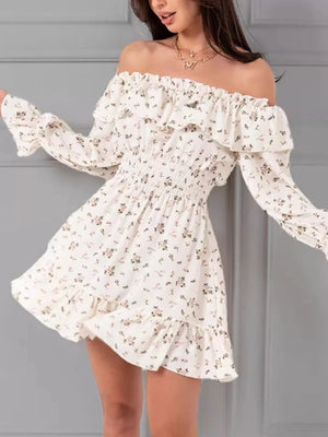 Blue Off-shoulder Floral Ruffle Dress