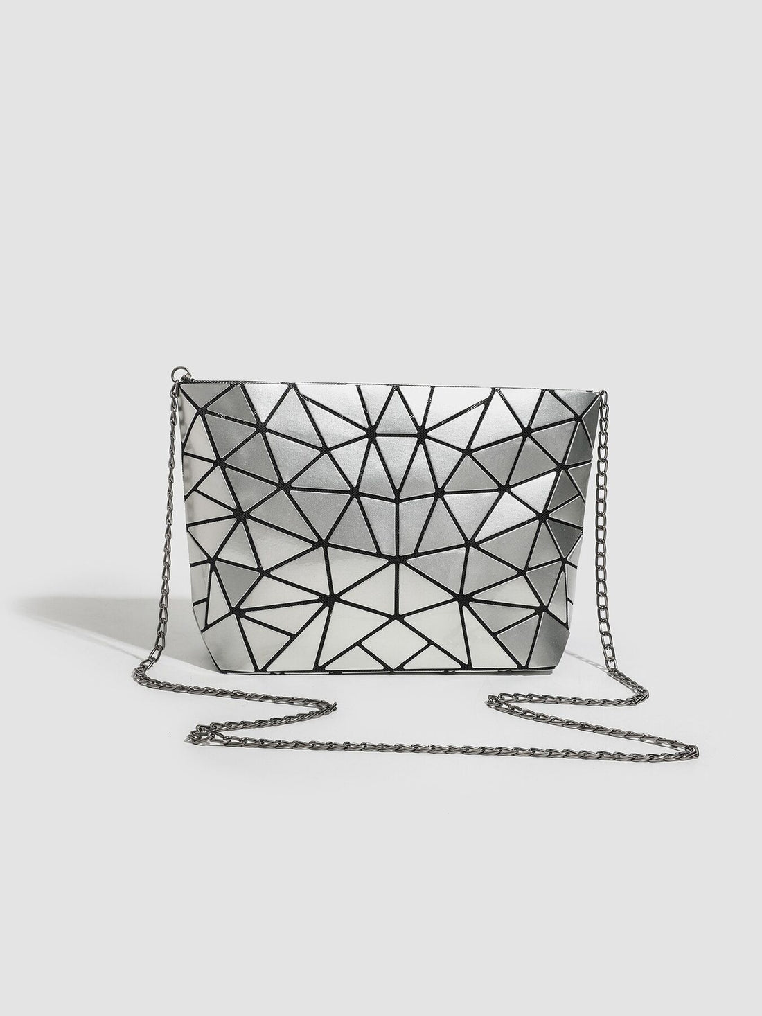 crossbody bag in silver featuring chain strap and boxy fit