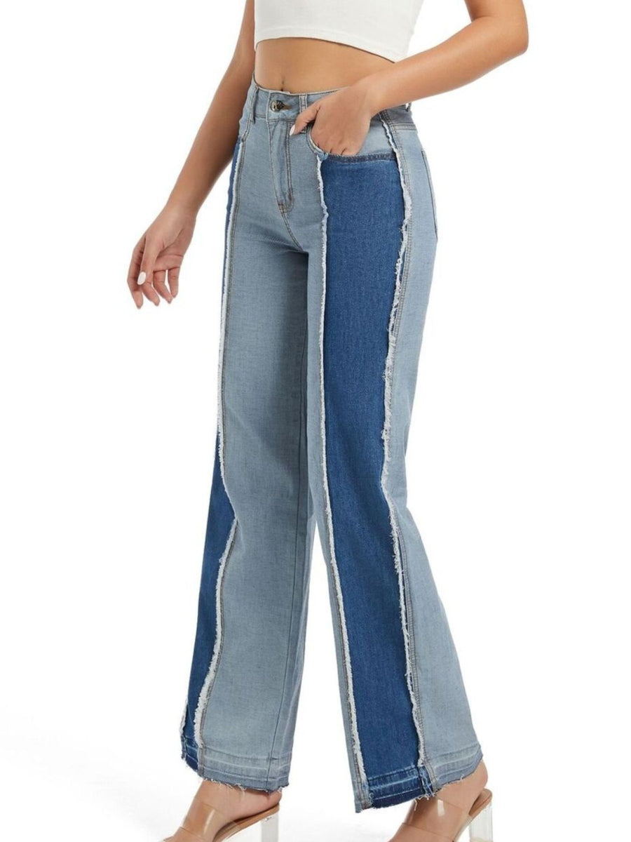 light blue jeans with full-length and button-front