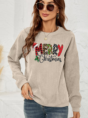 Beige corduroy sweatshirt with Merry Christmas graphic featuring Santa hat and plaid letters