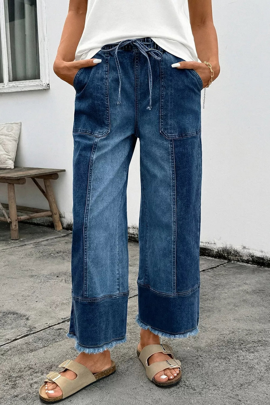 Drawstring Raw Hem Wide Leg Denim Pants option 3