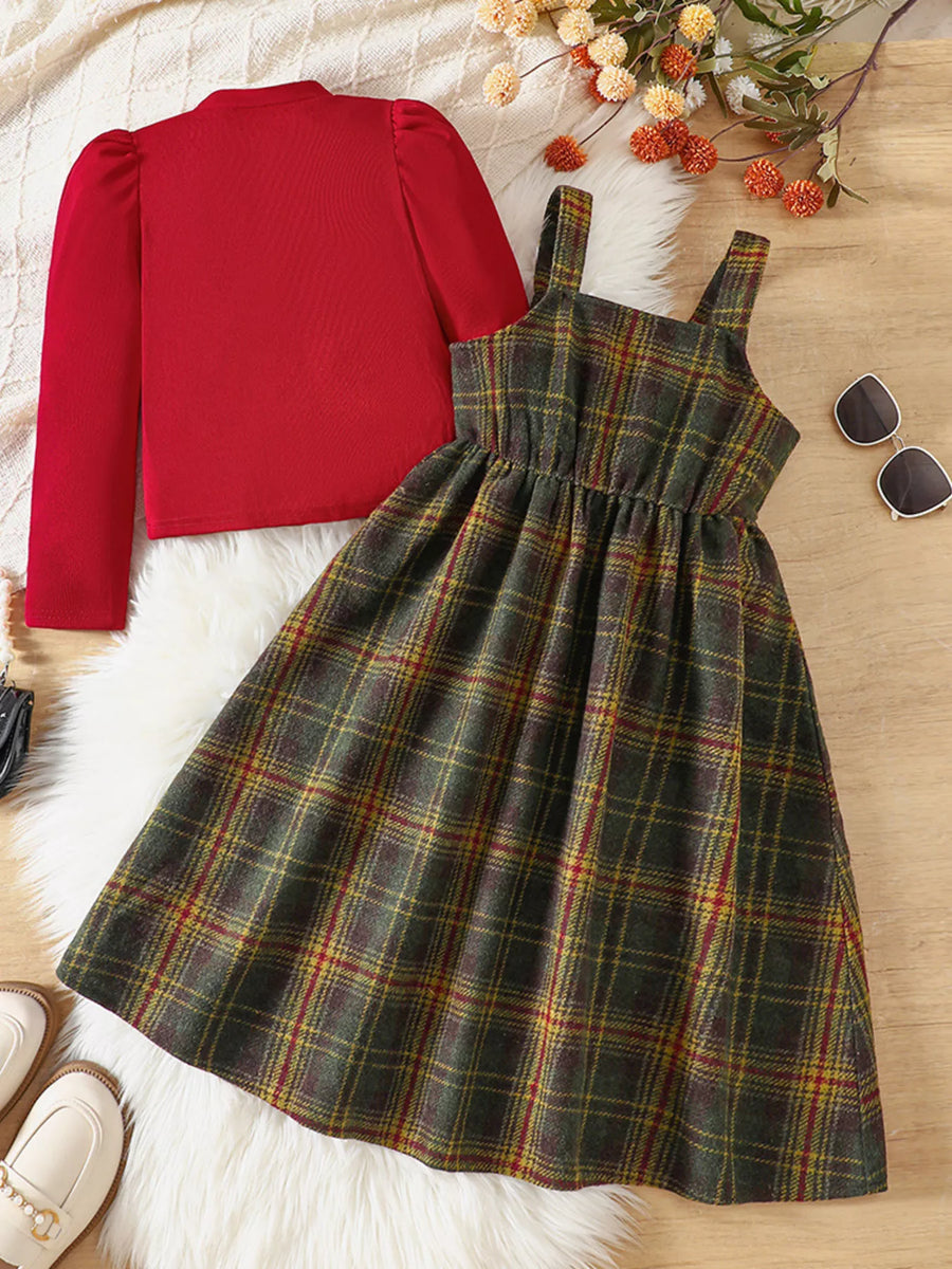 Girls' red long sleeve top and multicolor plaid dress set with puff sleeves