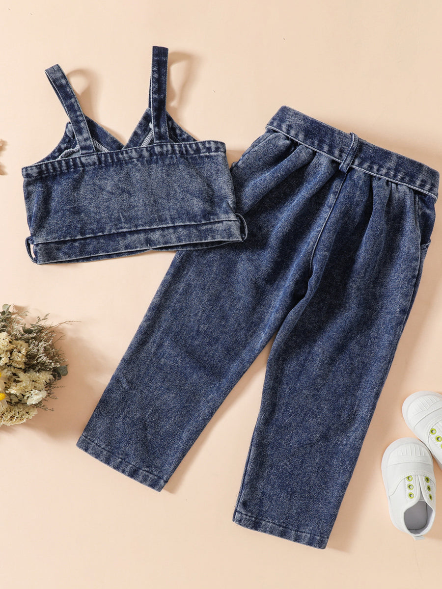 Acid-wash denim cami and jeans set for babies with adjustable straps and belted waist.