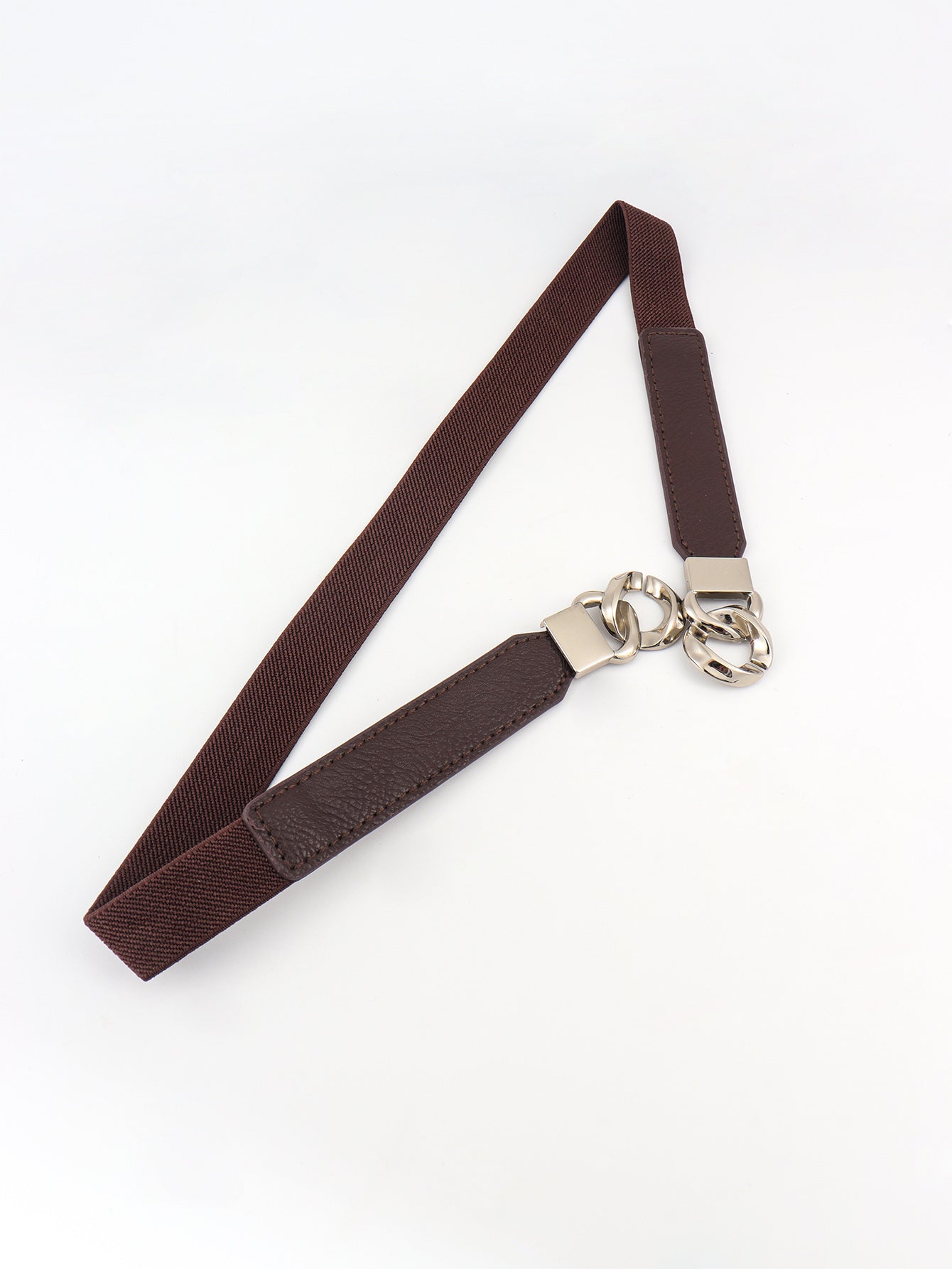 Chocolate faux leather waist belt with silver chain detail and elastic strap