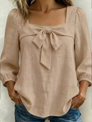 Green Full Size Bow Front Square Neck Blouse Plus Size