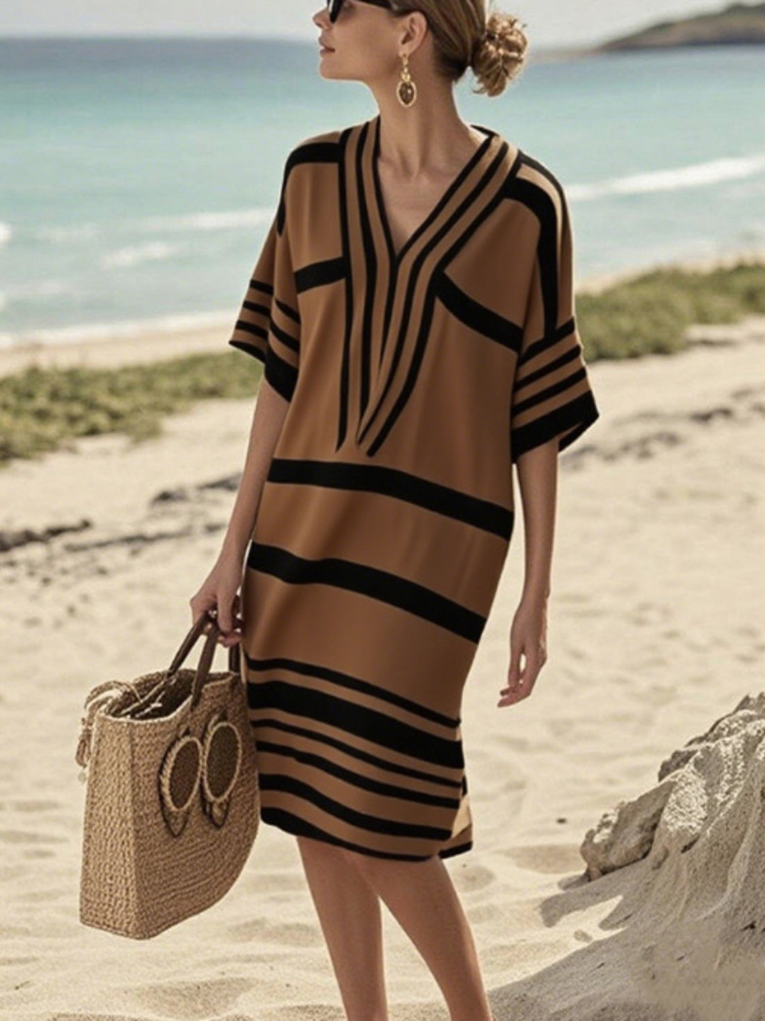 Tan and black striped half sleeve midi dress with V-neck