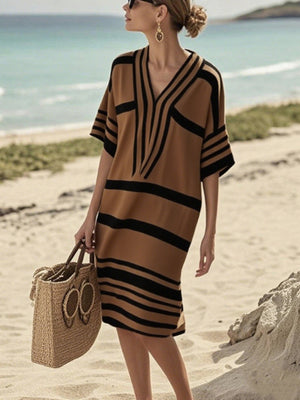 Tan and black striped half sleeve midi dress with V-neck