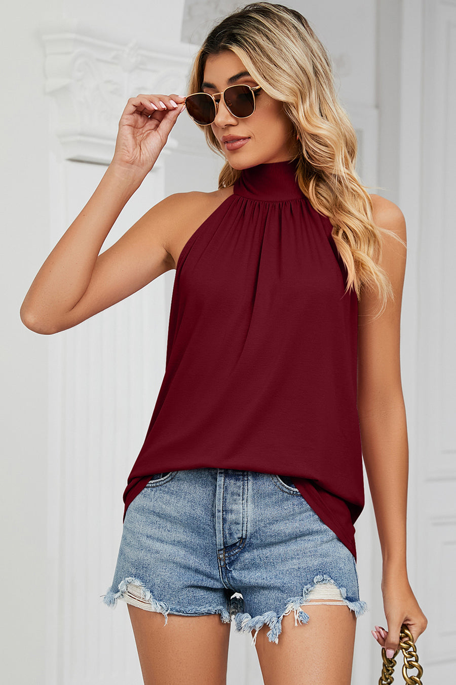 Burgundy high neck halter tank top with gathered neckline detail