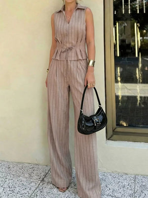 Tied waist two-piece set with collared sleeveless top and wide-leg striped pants