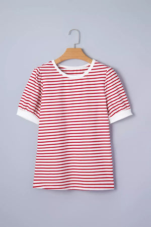Red and white striped cotton maternity t-shirt with puff sleeves and crew neck.