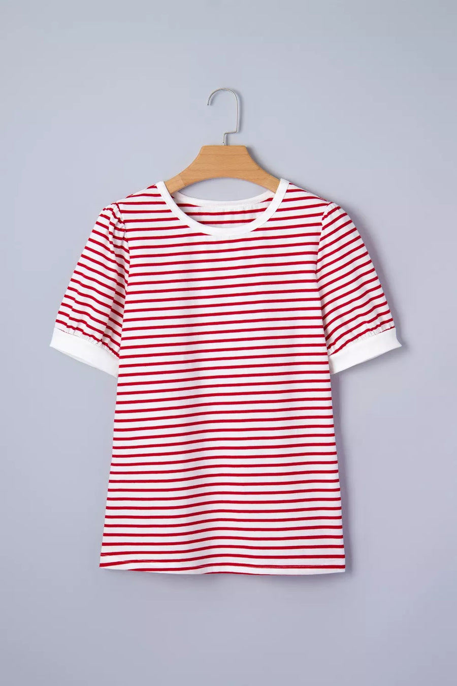 Red and white striped cotton maternity t-shirt with puff sleeves and crew neck.