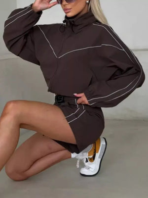 athleisure track jacket in dark brown with mock neck