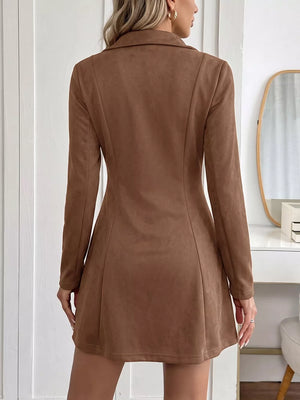 Brown suede blazer dress with long sleeves and a notched collar.