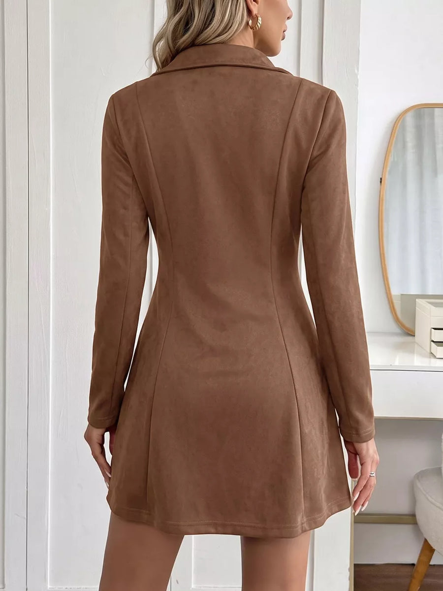 Brown suede blazer dress with long sleeves and a notched collar.