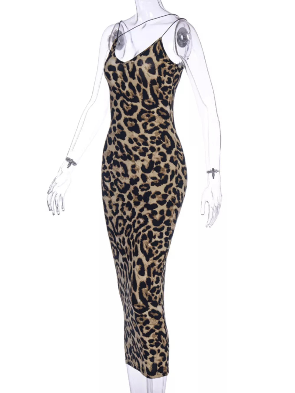 Leopard print midi dress with spaghetti straps and a deep V-neck.