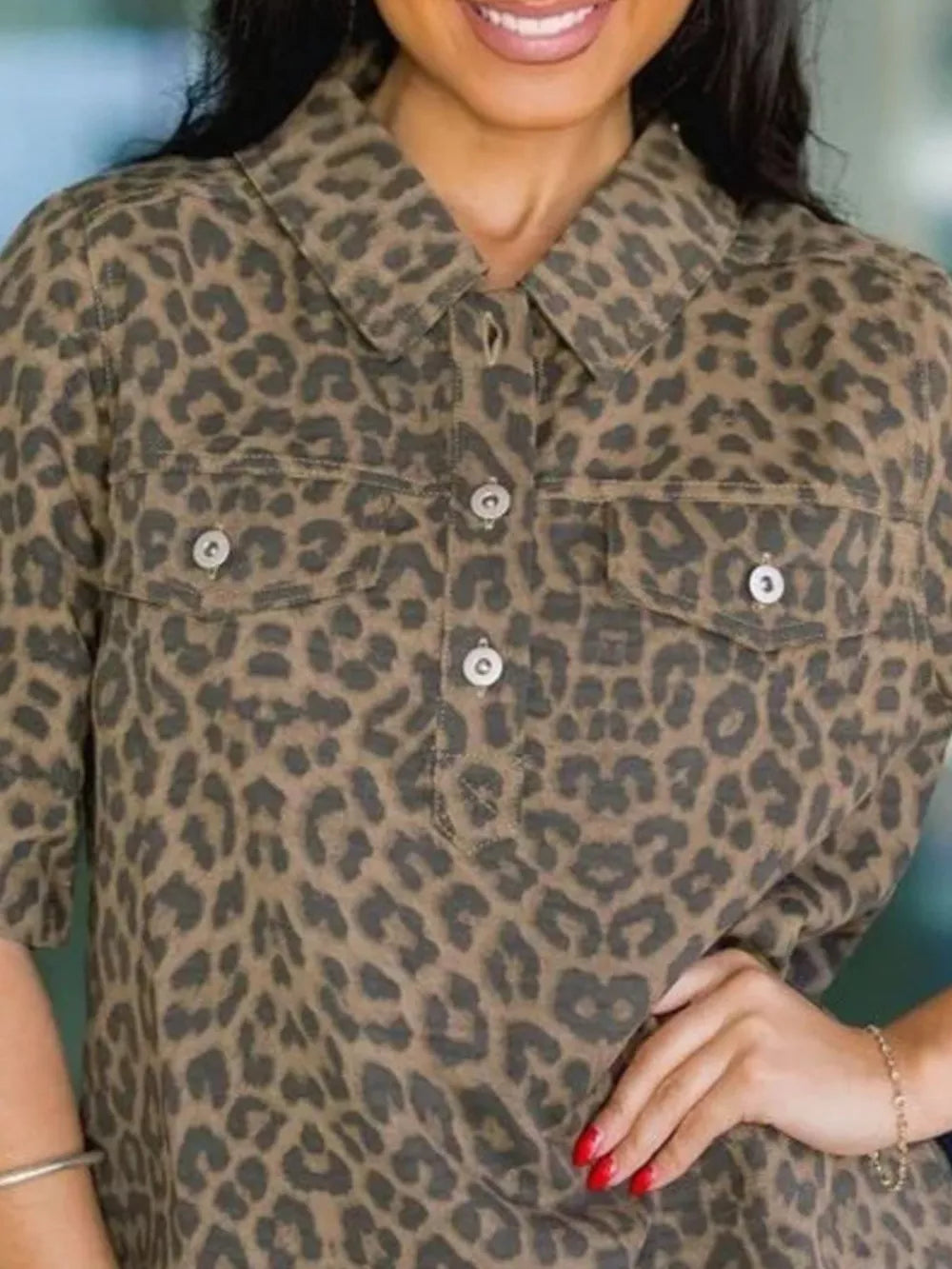 dark brown shirt dress featuring buttoned and leopard-print