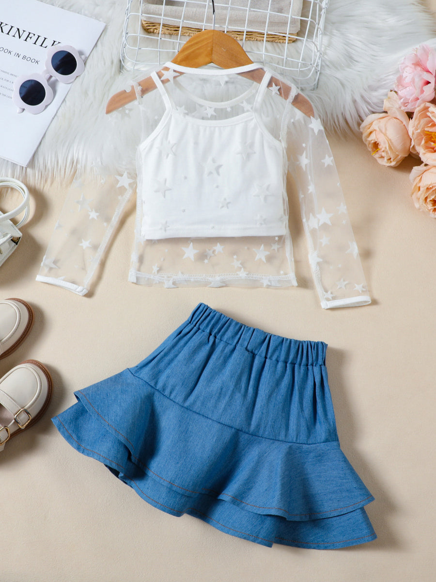 Toddler white cami with star print sheer overlay and denim ruffle skirt