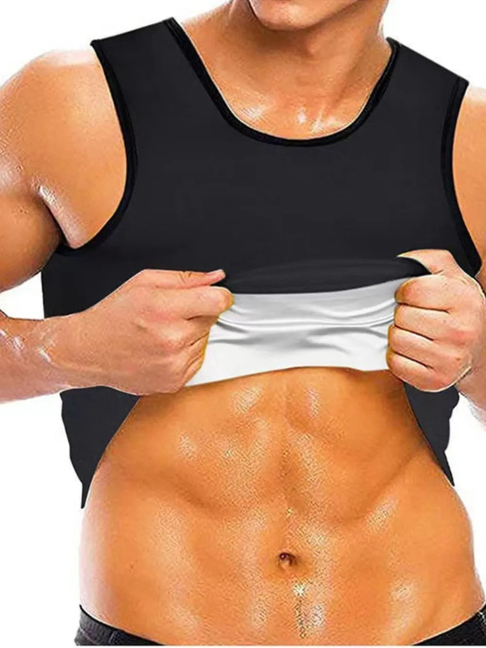 Black thermal sculpting vest with white lining, showing abs.