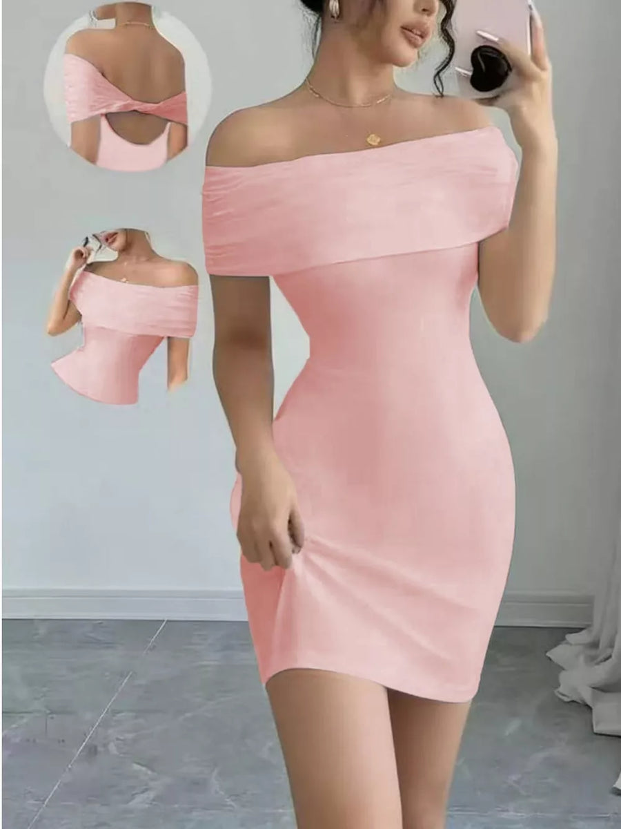 Pink off-the-shoulder bodycon mini dress with draped back detail.