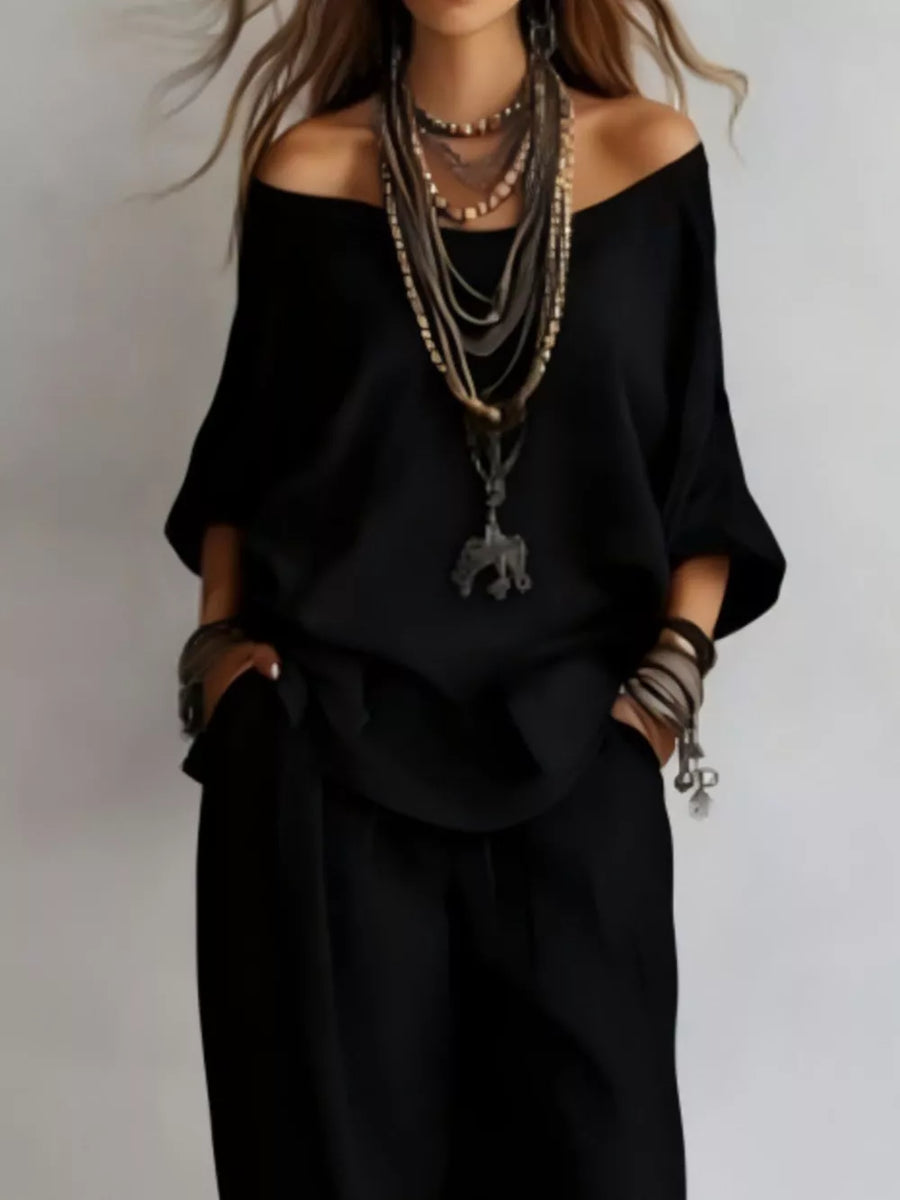 Off-shoulder Loose Fit Top And Pants Set in Ivory with pocketed
