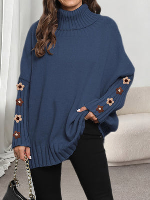 Oversized Turtleneck Sweater With Floral Sleeves in light beige