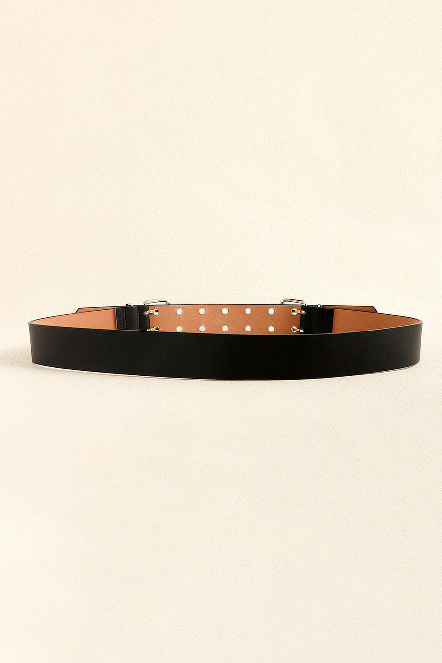 Black leather belt with double buckle and eyelet detail