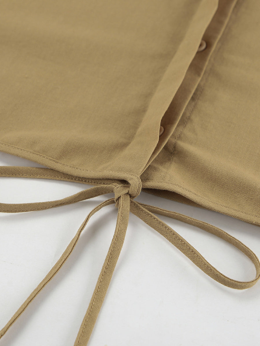 Khaki cotton cropped top with button front and tie detail