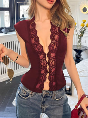 Wine red sheer vest with lace trim and button details, V-neck, cropped length.
