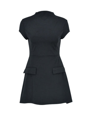 Black mock neck mini dress with cap sleeves and two front flap pockets.