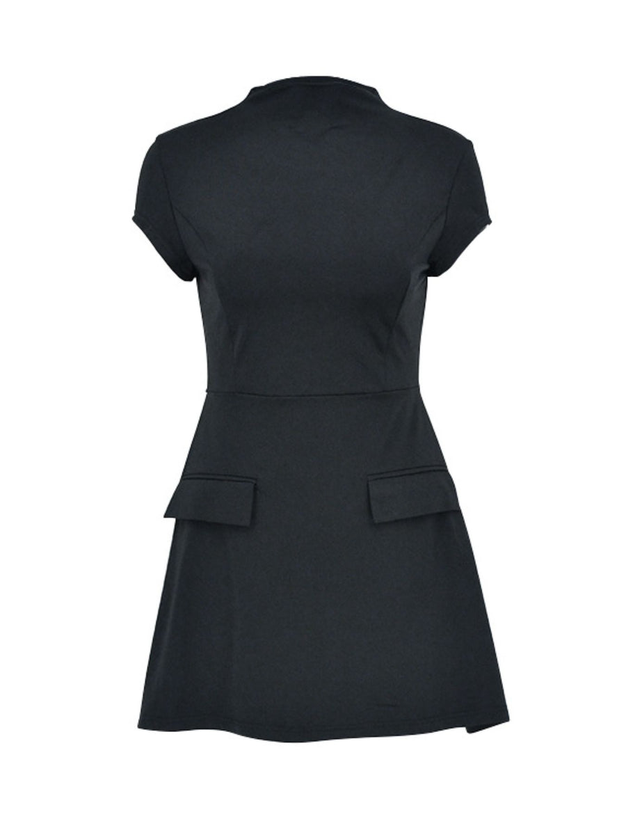 Black mock neck mini dress with cap sleeves and two front flap pockets.
