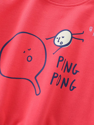 Red crew neck sweatshirt with blue graphic and text saying PING PONG