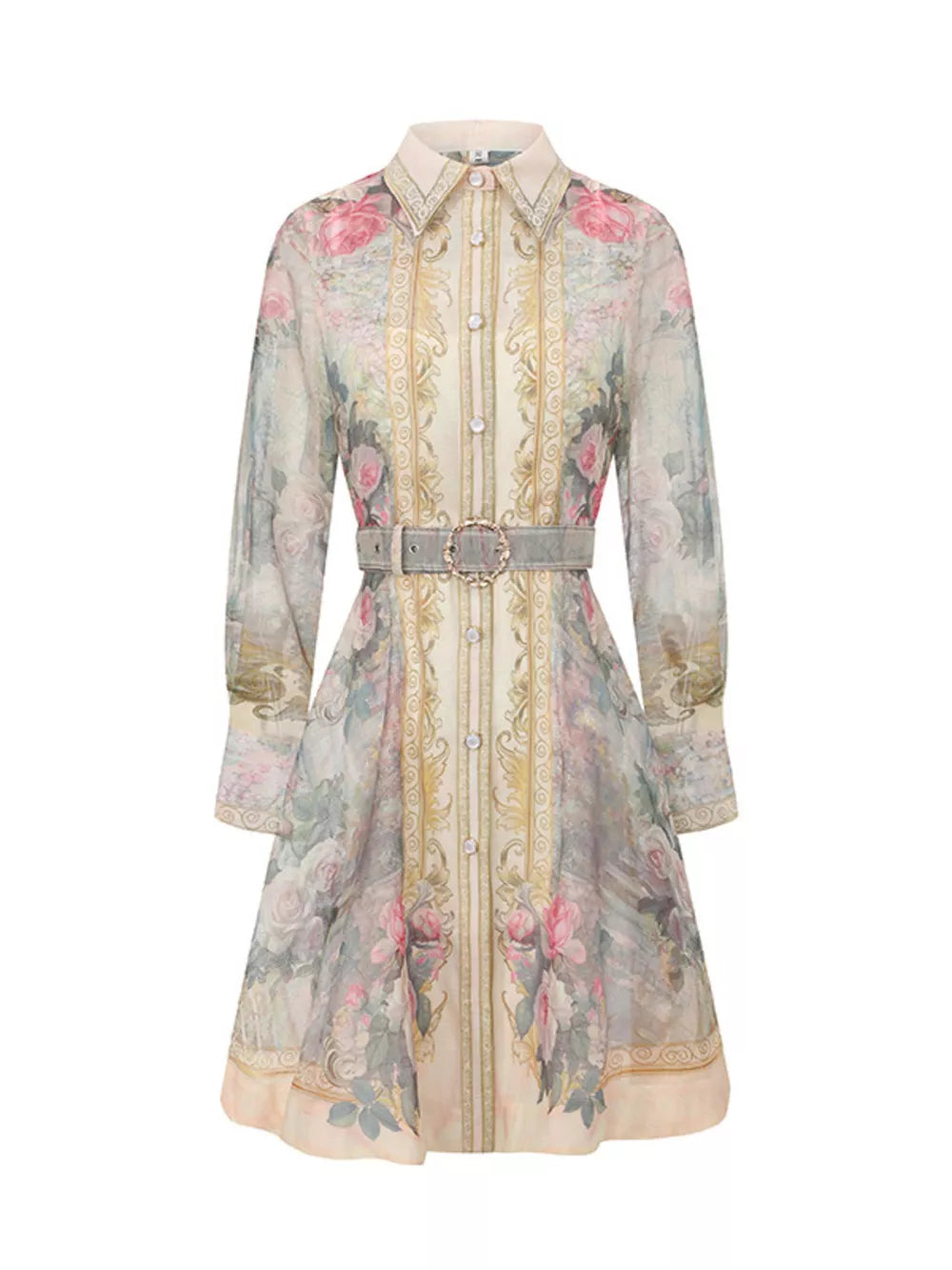Pastel floral print shirt dress with button front and grey belted waist.