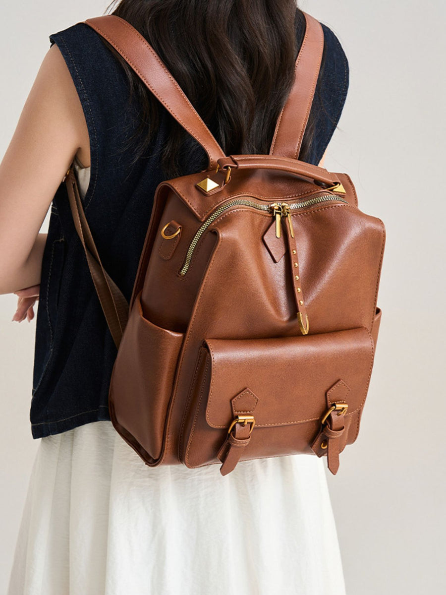 PU Leather Imported Size &amp backpack in Brown with boxy silhouette
