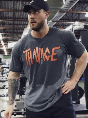 Dark Gray Savage graphic oversized tee with sweat stains, crew neck, short sleeves.