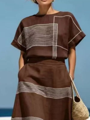 Green Full Size Striped Round Neck Top And Skirt Set