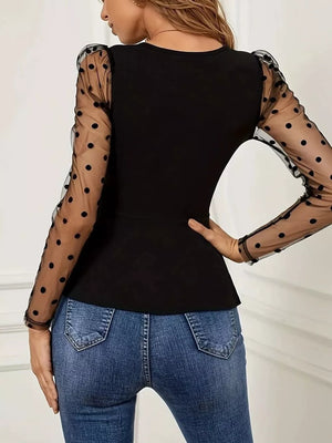 Black with Polka Dot Mesh Sleeve Wrap Top in Black