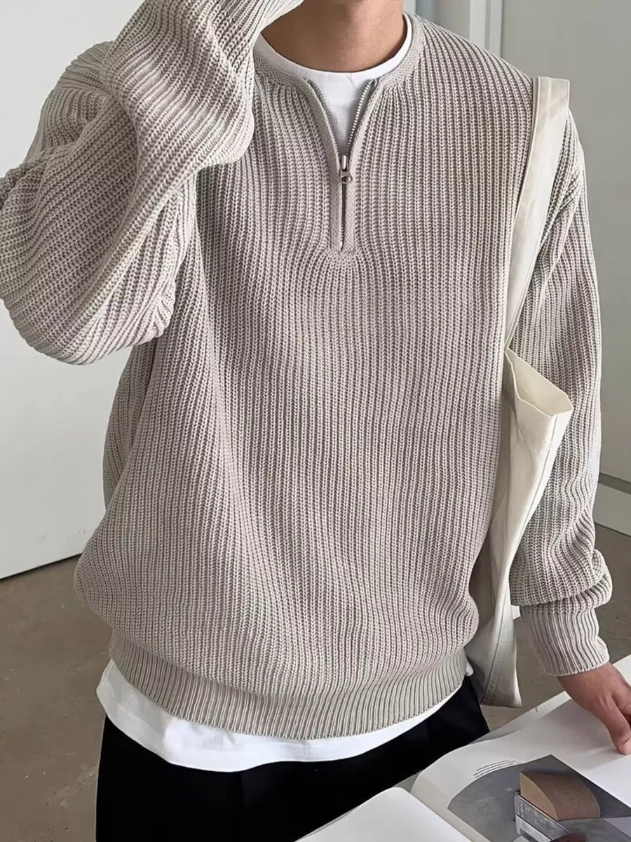 Khaki quarter zip relaxed fit ribbed knit pullover sweater with a white t-shirt layered underneath.