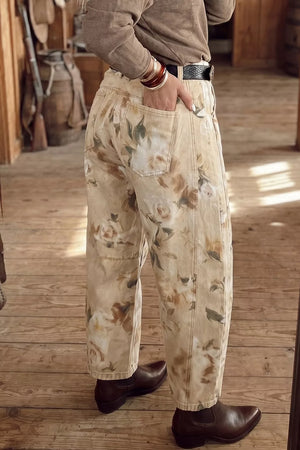 Retro Floral Print Relaxed Barrel Jeans in Beige