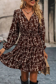Coffee Brown Ditsy Floral Print Split Neck Mini Dress
