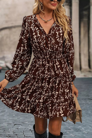 Coffee Brown Ditsy Floral Print Split Neck Mini Dress