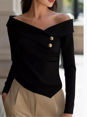 Elegant Off-the-shoulder Blouse With Buttons in Black
