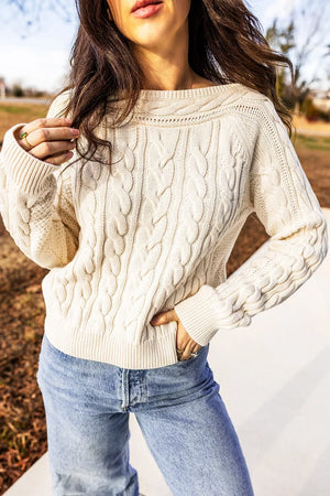 Cream with Drop Shoulder Round Neck Cable Knit Sweater