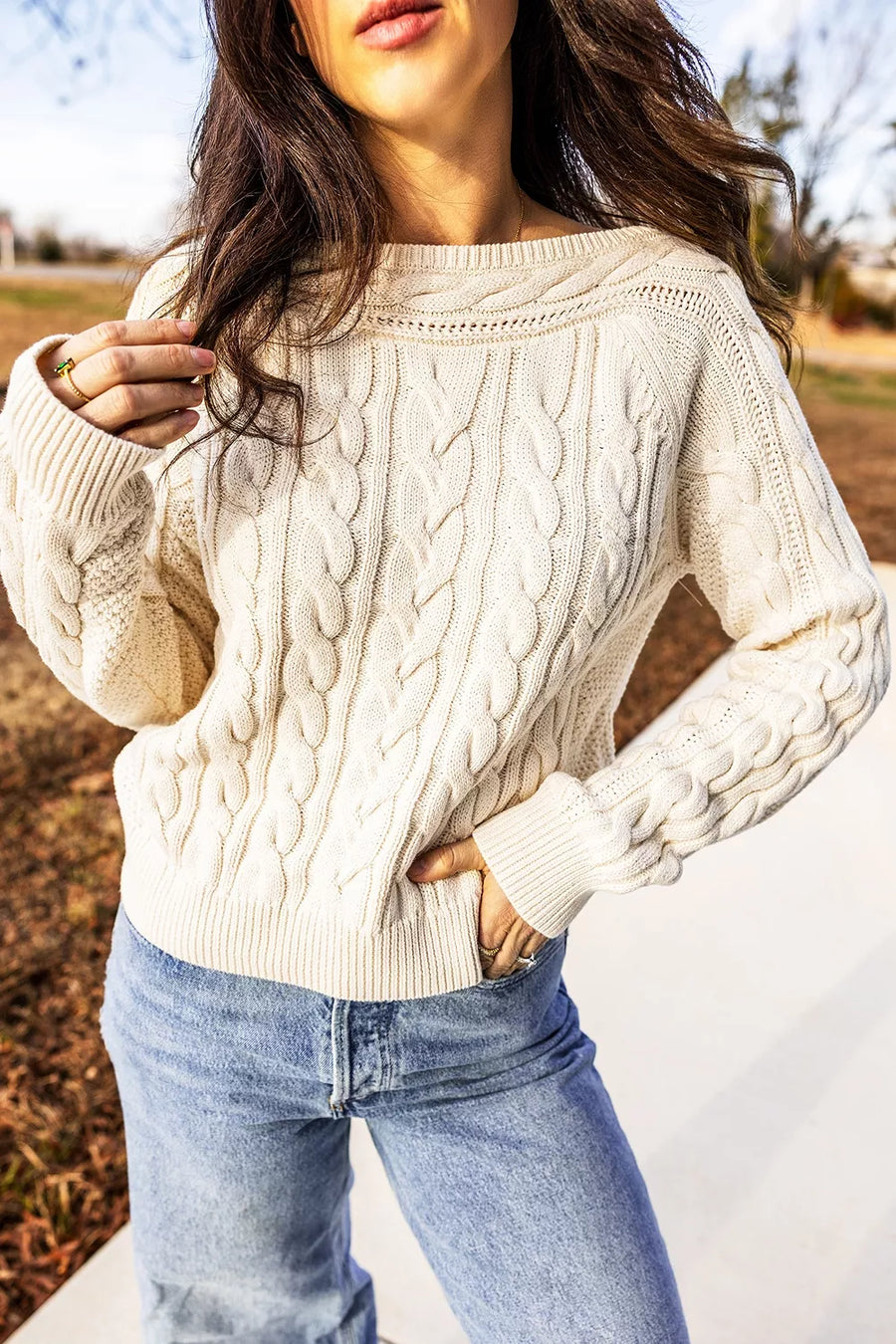Cream with Drop Shoulder Round Neck Cable Knit Sweater