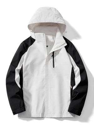 Men's white and black waterproof jacket with hood and zip pocket detail.