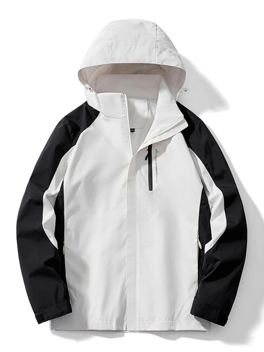 Men's white and black waterproof jacket with hood and zip pocket detail.