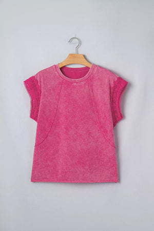 Mineral wash pink t-shirt with cap sleeves and lace trim detail.