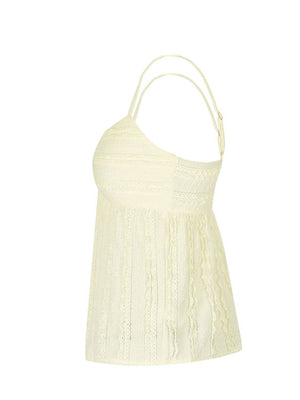 Light yellow textured sweetheart neck cami top with lace trim and adjustable straps.