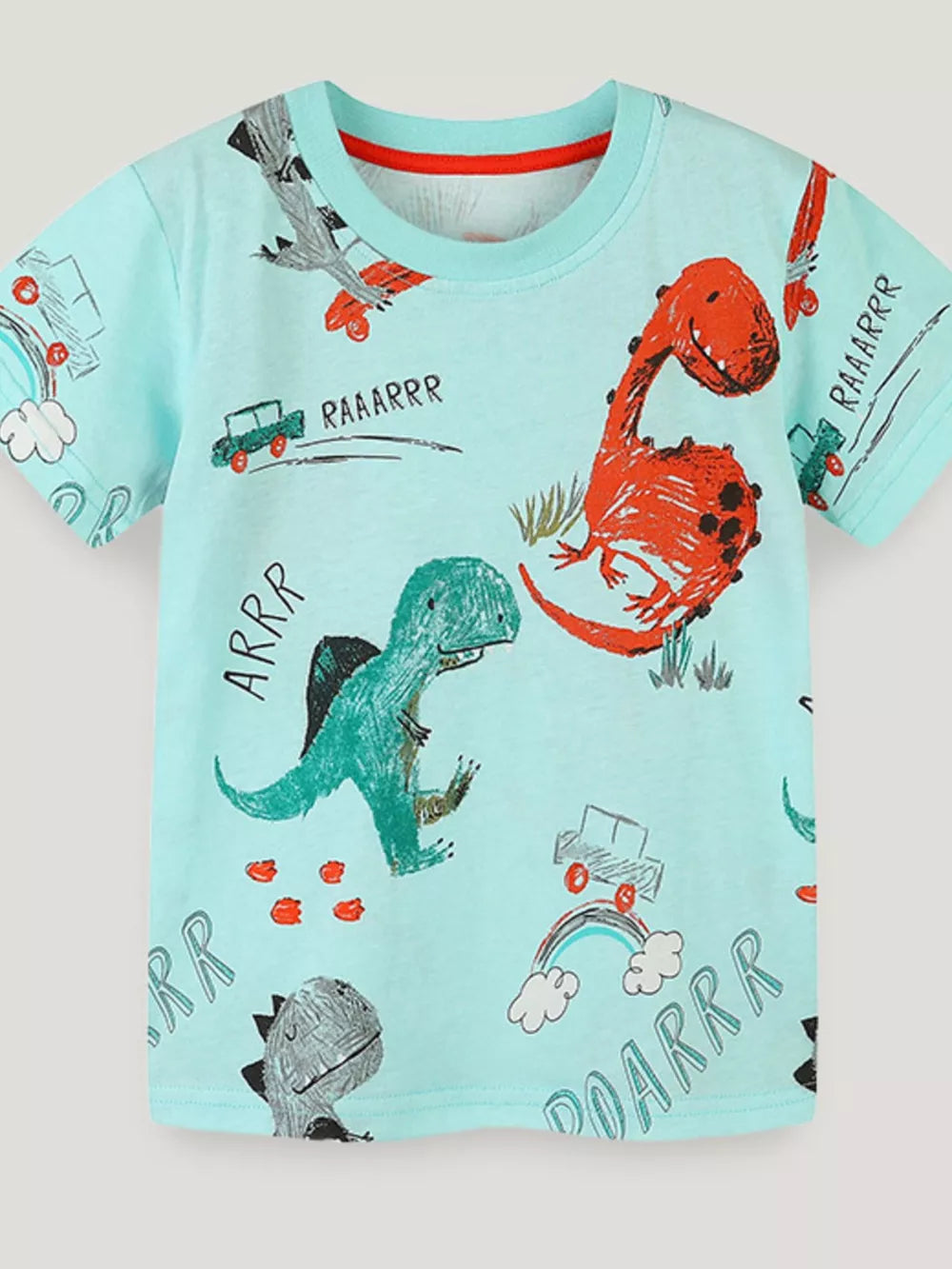 Light blue cotton t-shirt with a fun dinosaur and car graphic print.